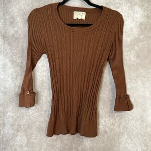 Debbie Morgan 3/4 Cuffed Sleeve Fitted Knit Round‎ Neck Womens Med Brown